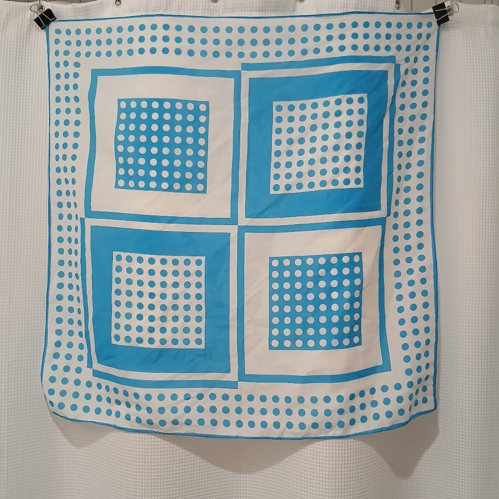 Vintage Nashar Freres LTD Baby Blue & White Polka Dot and Square Scarf Kercheif